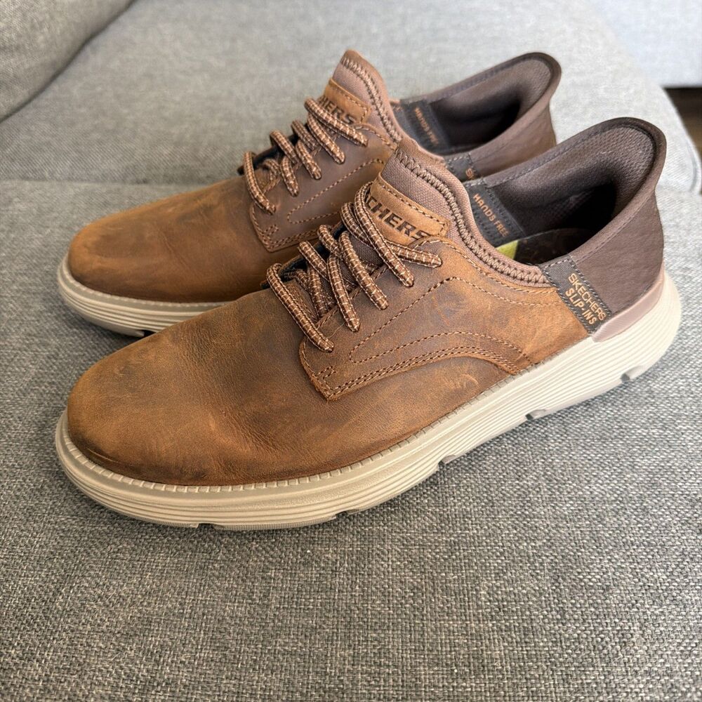 Skechers Slip Ins Hands Free Men’s Garza Gervin Shoes Brown Leather Size 8.5